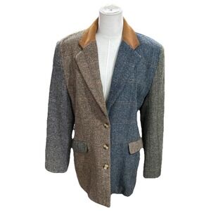 QPS Blazer Jacket Woman's Vintage 10 Wool Poly Blend Herringbone Patchwork 90s